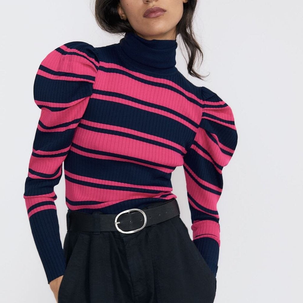 Zara Pink Navy Puff Sleeve Sweater M