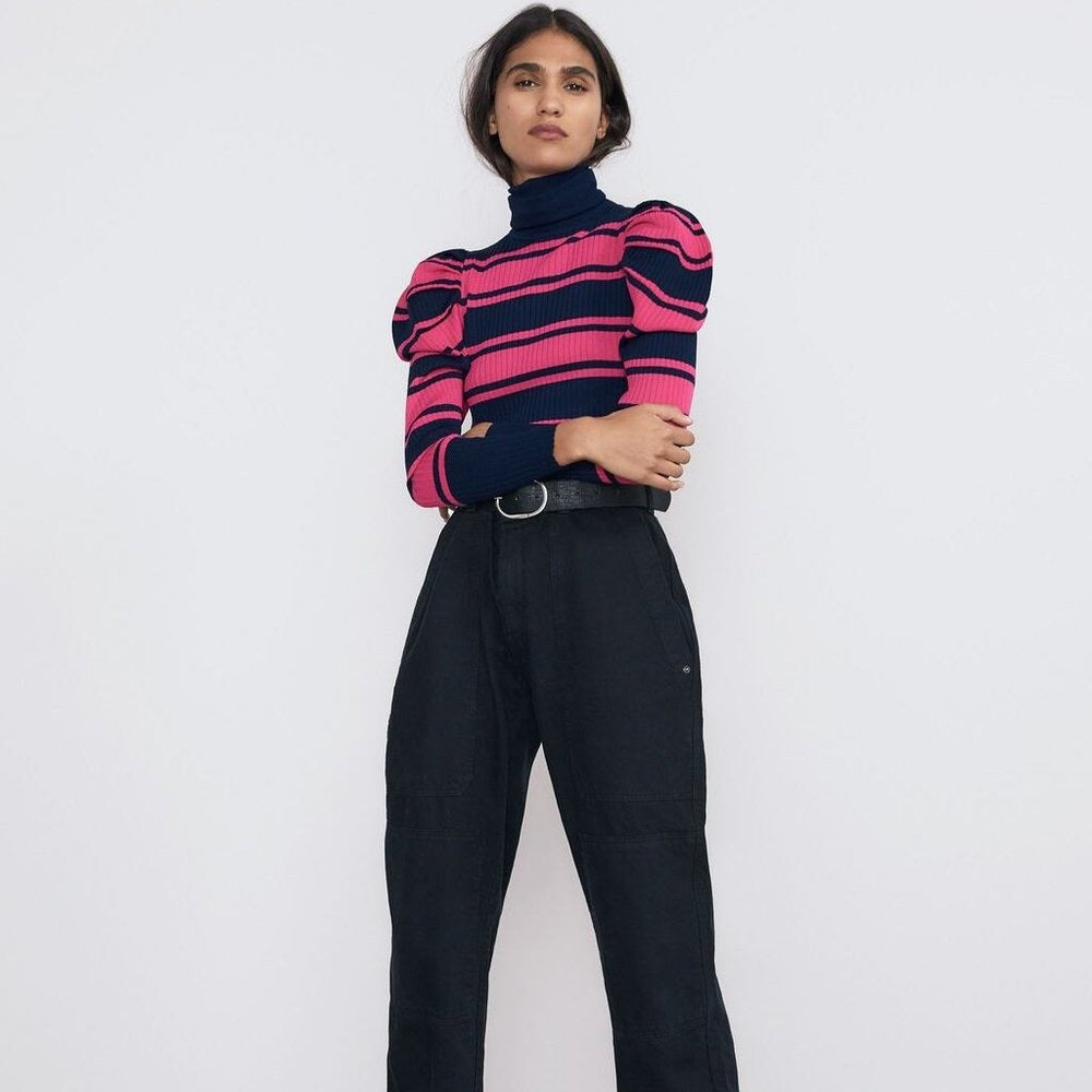 Zara Pink Navy Puff Sleeve Sweater M