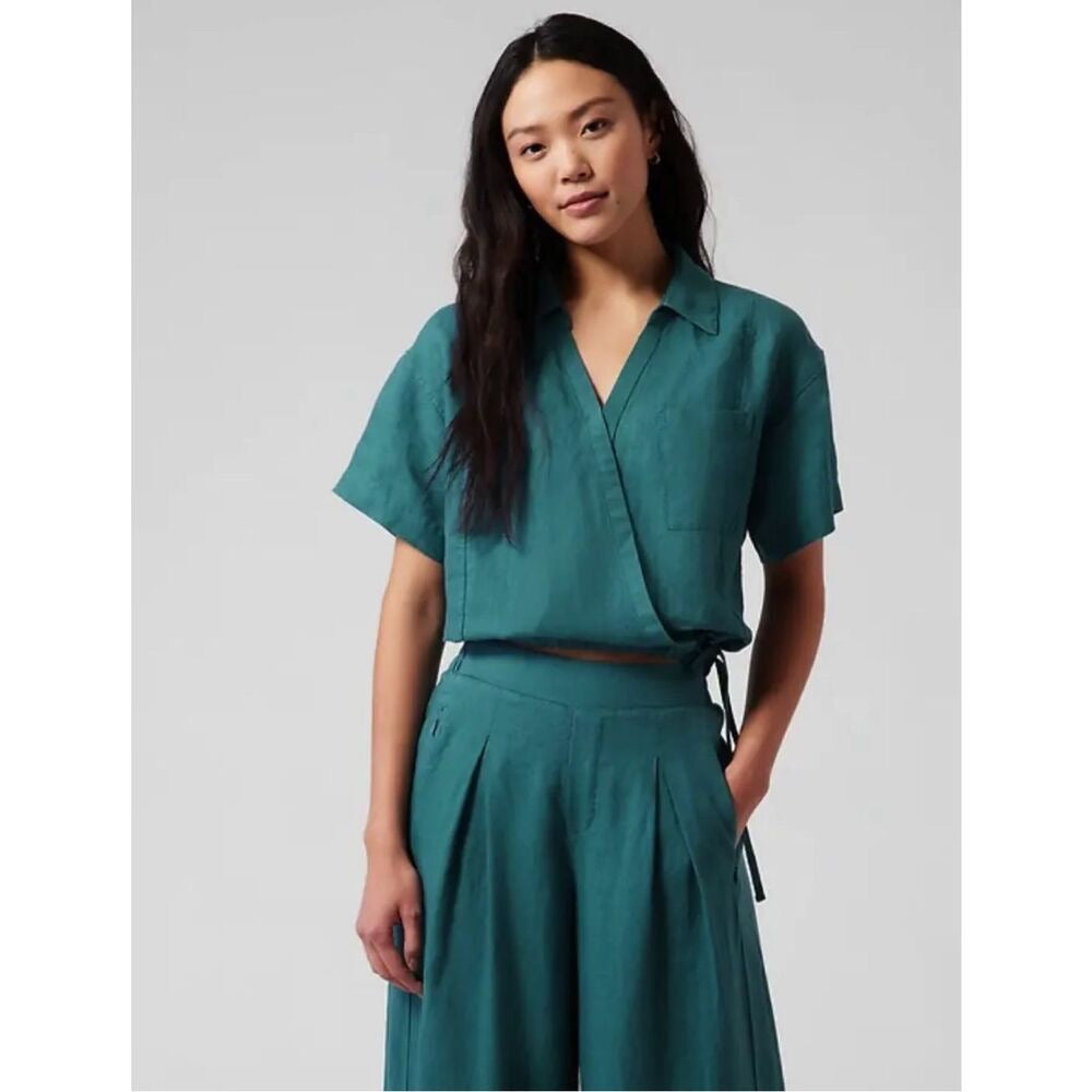 NWT!! ATHLETA Playa Linen Tie Waist Top Borealis Green Teal Cropped Solid XL