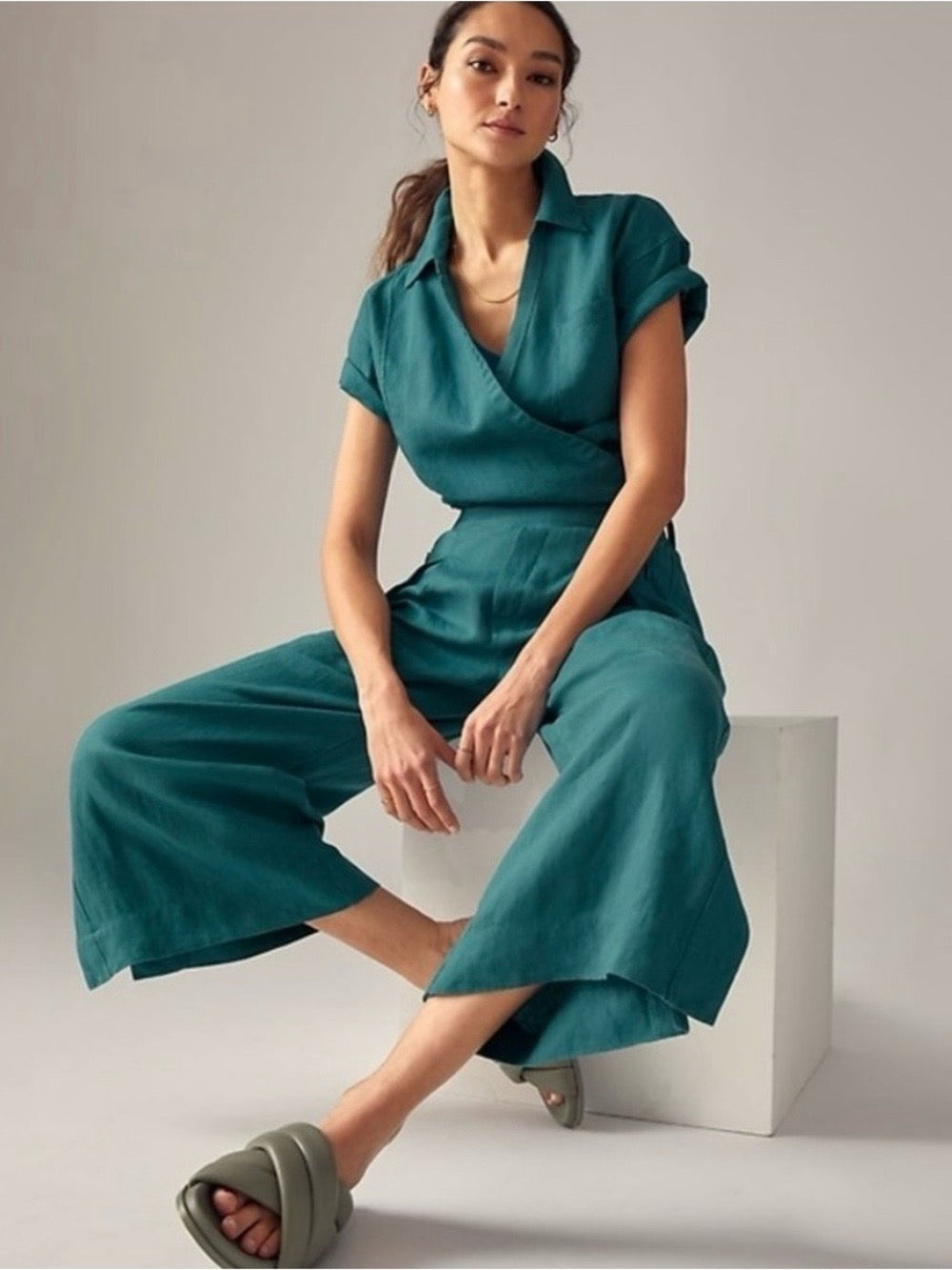 NWT!! ATHLETA Playa Linen Tie Waist Top Borealis Green Teal Cropped Solid XL