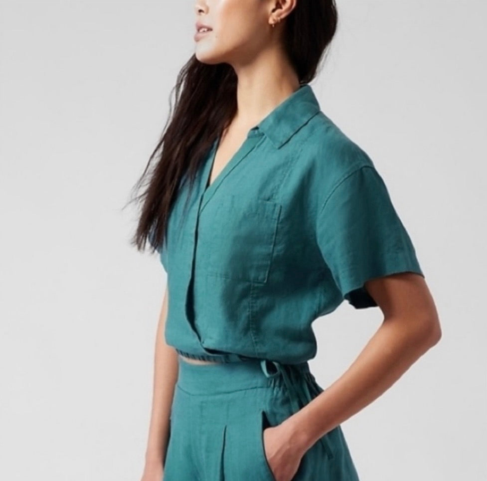 NWT!! ATHLETA Playa Linen Tie Waist Top Borealis Green Teal Cropped Solid XL