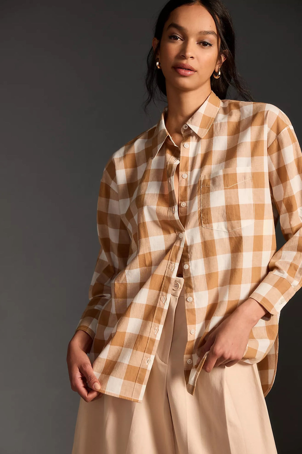 Anthropologie Maeve Bennet Buttondown Buffalo Check Shirt Brown Motif Small