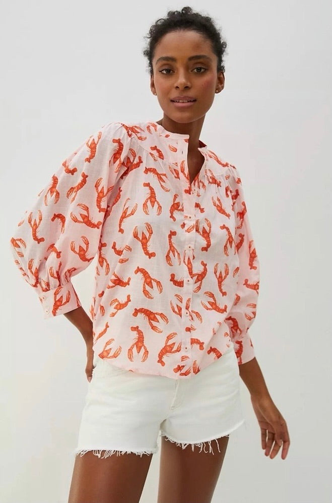 Anthropologie MAEVE Lobster Print Cotton Button Down Blouse Top Cropped Medium