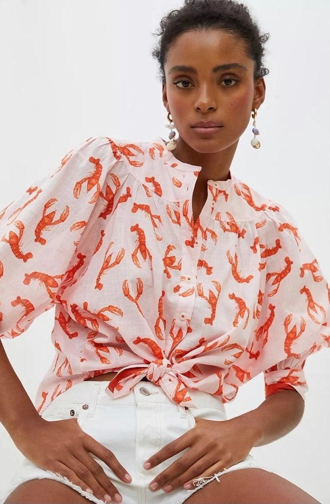 Anthropologie MAEVE Lobster Print Cotton Button Down Blouse Top Cropped Medium