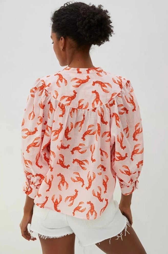 Anthropologie MAEVE Lobster Print Cotton Button Down Blouse Top Cropped Medium