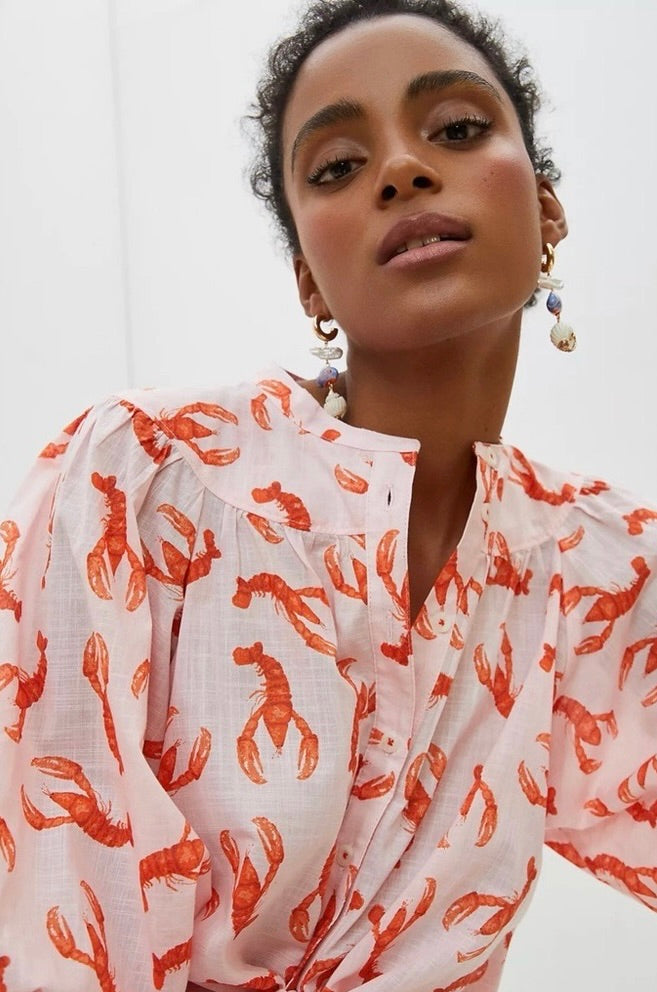 Anthropologie MAEVE Lobster Print Cotton Button Down Blouse Top Cropped Medium