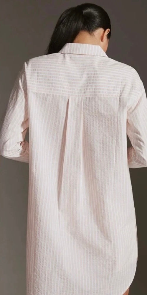 By ANTHROPOLOGIE Longline Button Down Pink White Stripe Shirt Buttondown Large
