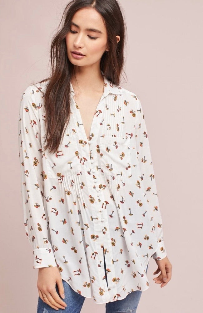 Anthropologie MAEVE Matilda Mushroom Print Button Down Tunic Shirt Top Large