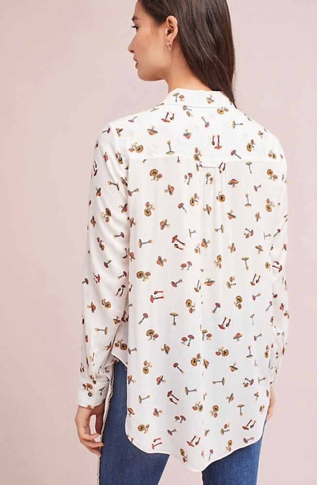 Anthropologie MAEVE Matilda Mushroom Print Button Down Tunic Shirt Top Large