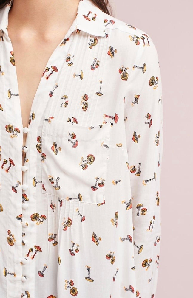 Anthropologie MAEVE Matilda Mushroom Print Button Down Tunic Shirt Top Large