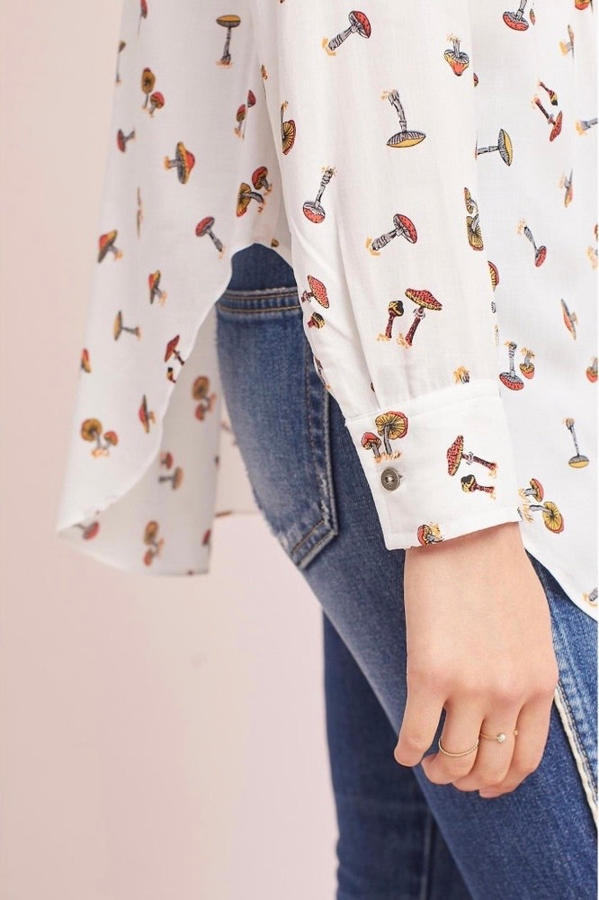 Anthropologie MAEVE Matilda Mushroom Print Button Down Tunic Shirt Top Large