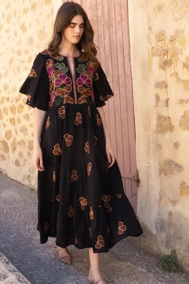 OLIPHANT Embroidered Sequin Floral Midi Maxi Dress Pockets Bohemian Medium
