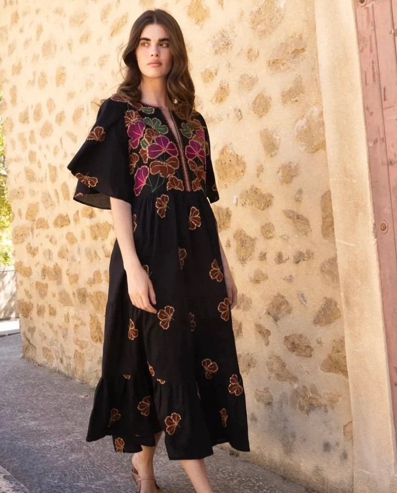 OLIPHANT Embroidered Sequin Floral Midi Maxi Dress Pockets Bohemian Medium