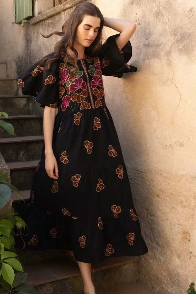 OLIPHANT Embroidered Sequin Floral Midi Maxi Dress Pockets Bohemian Medium
