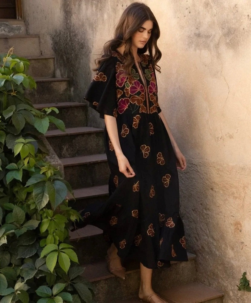 OLIPHANT Embroidered Sequin Floral Midi Maxi Dress Pockets Bohemian Medium