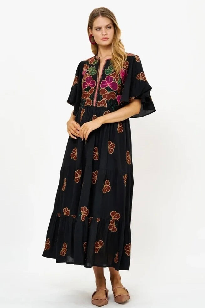 OLIPHANT Embroidered Sequin Floral Midi Maxi Dress Pockets Bohemian Medium