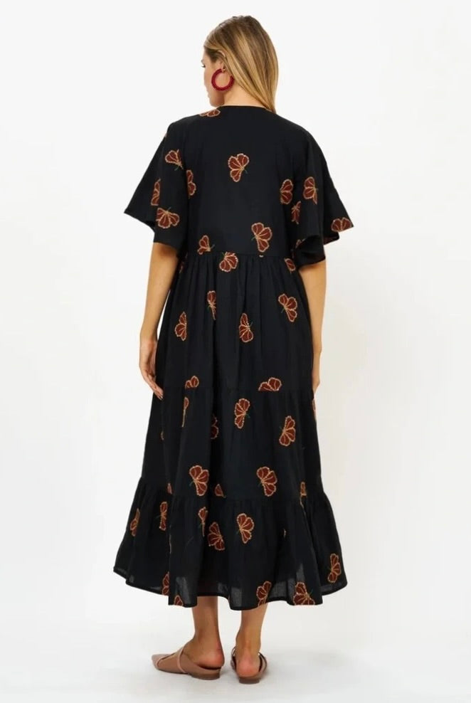OLIPHANT Embroidered Sequin Floral Midi Maxi Dress Pockets Bohemian Medium