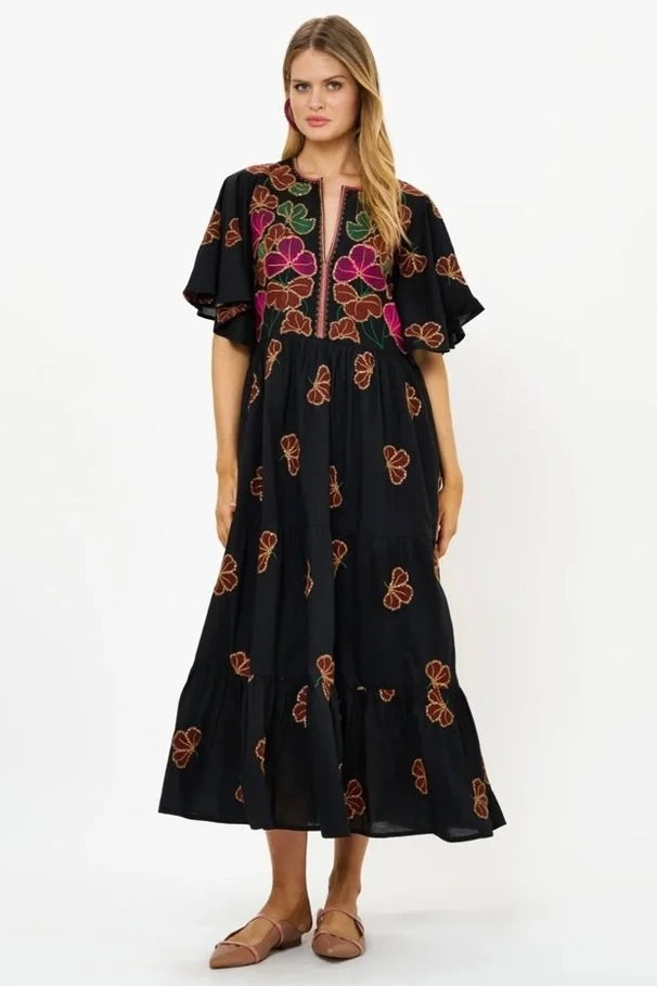 OLIPHANT Embroidered Sequin Floral Midi Maxi Dress Pockets Bohemian Medium