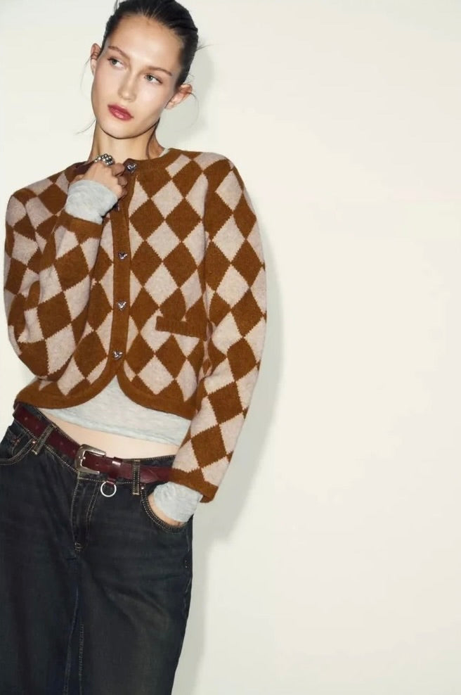 ZARA Argyle Cropped Cardigan Wool Blend Heart Buttons Blogger Favorite Small