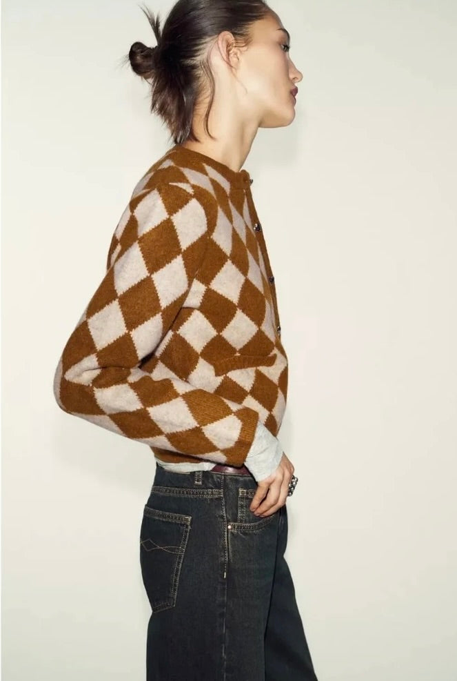 ZARA Argyle Cropped Cardigan Wool Blend Heart Buttons Blogger Favorite Small