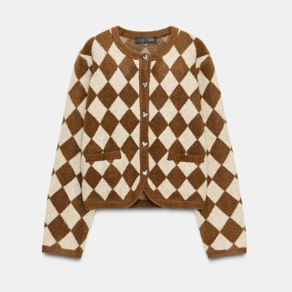 ZARA Argyle Cropped Cardigan Wool Blend Heart Buttons Blogger Favorite Small