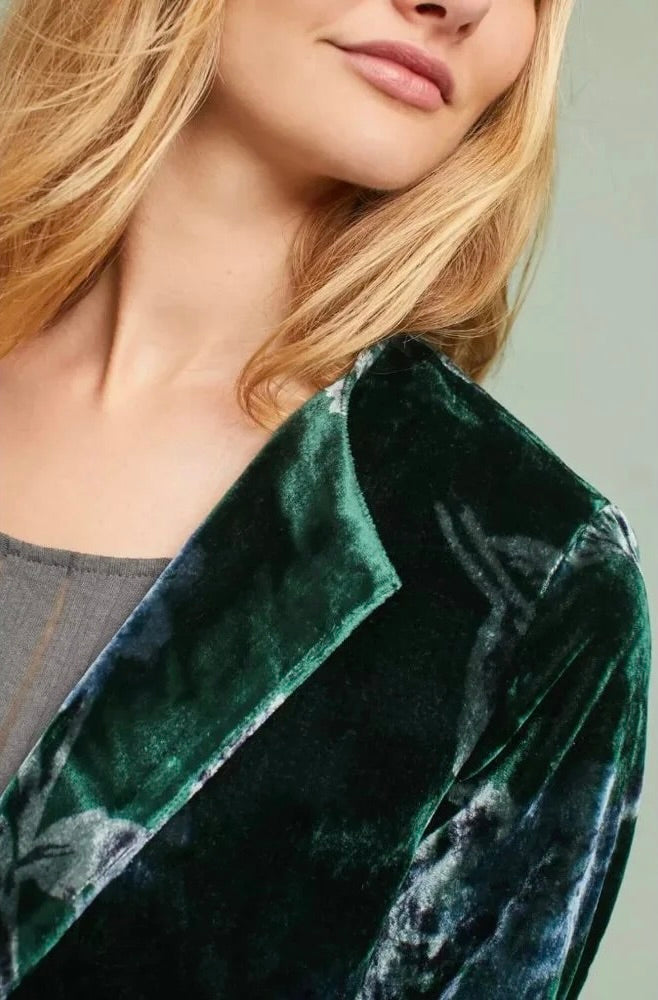 Anthropologie EVA FRANCO Floral Velvet Car Coat Open Front Green Teal Medium