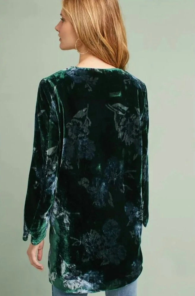 Anthropologie EVA FRANCO Floral Velvet Car Coat Open Front Green Teal Medium