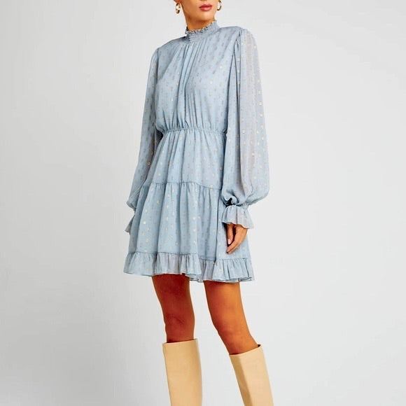 NWT O.P.T. One Pretty Time Lluvia Dress Blue Gold Smocked Dots Mini XS X-Small