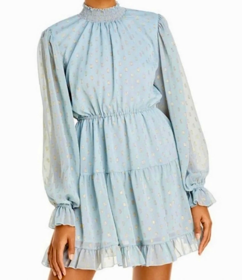 NWT O.P.T. One Pretty Time Lluvia Dress Blue Gold Smocked Dots Mini XS X-Small