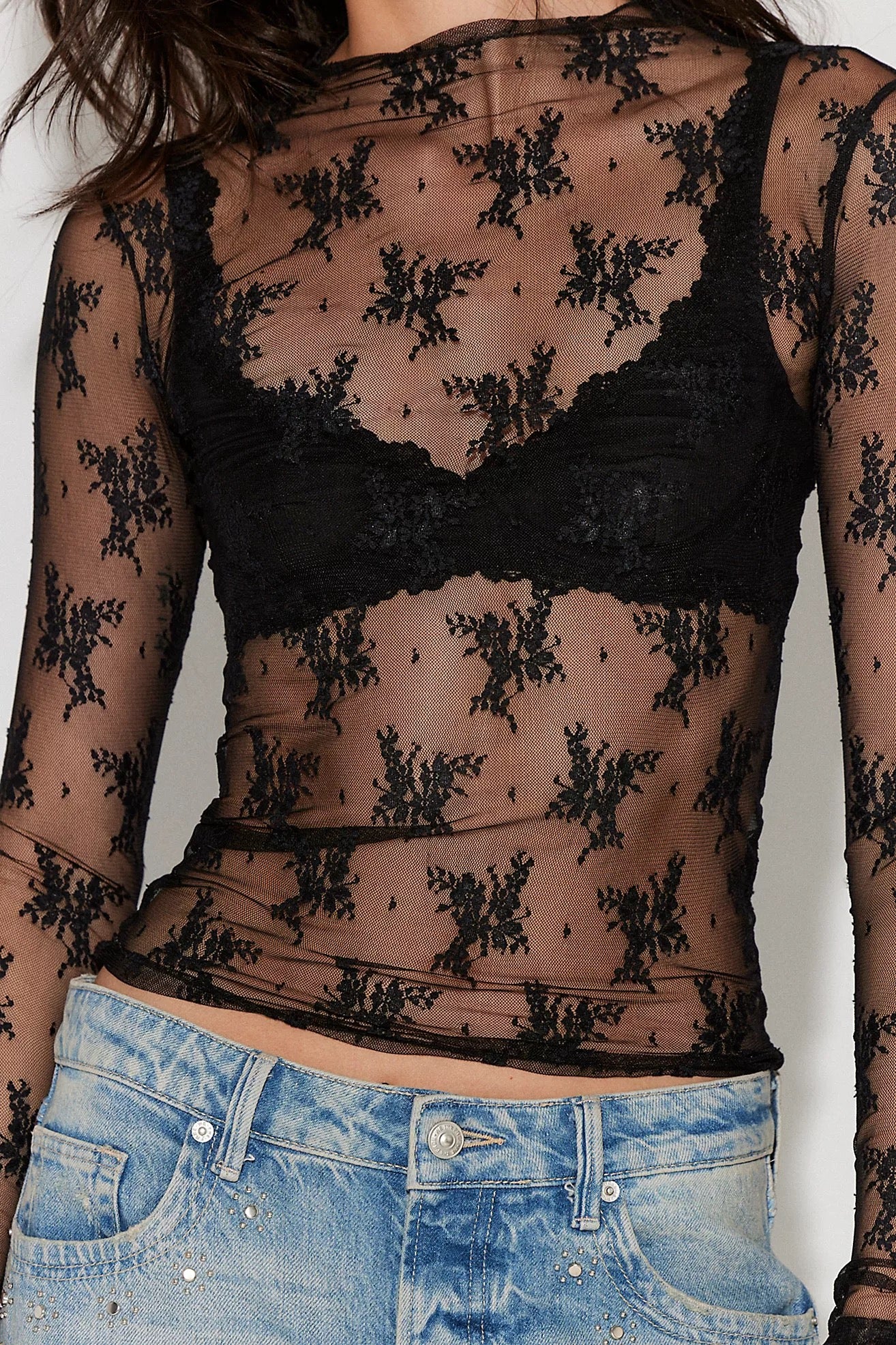 FREE PEOPLE Intimately Lady Lux Layering Top Floral Sheer Mesh Black Large