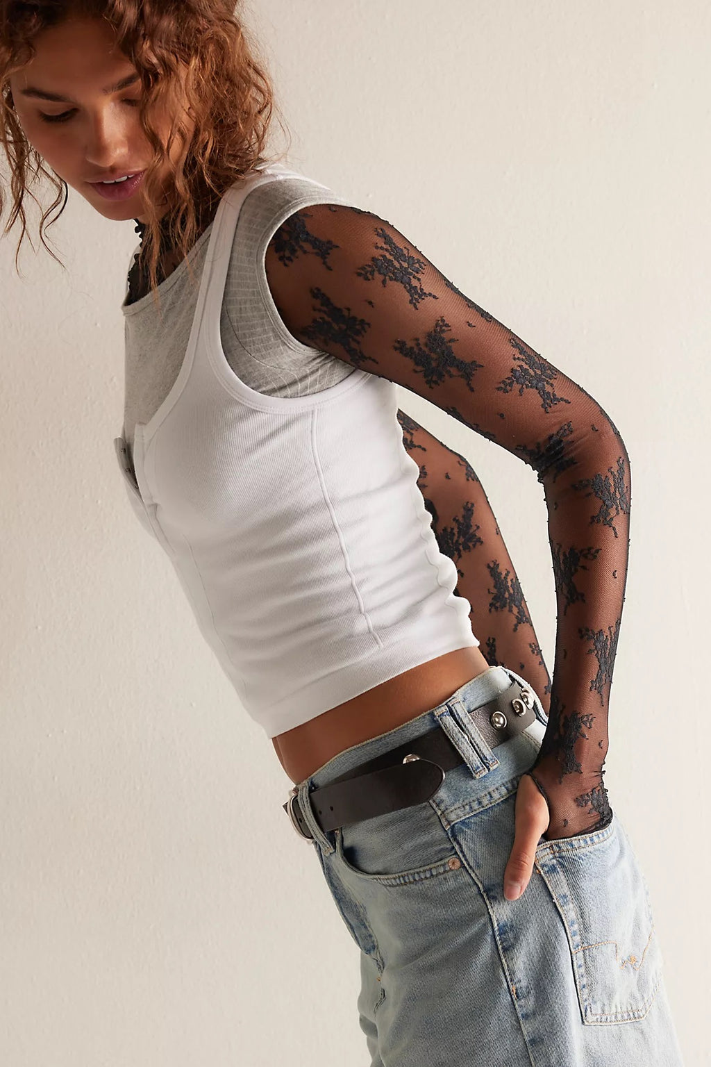 FREE PEOPLE Intimately Lady Lux Layering Top Floral Sheer Mesh Black Large