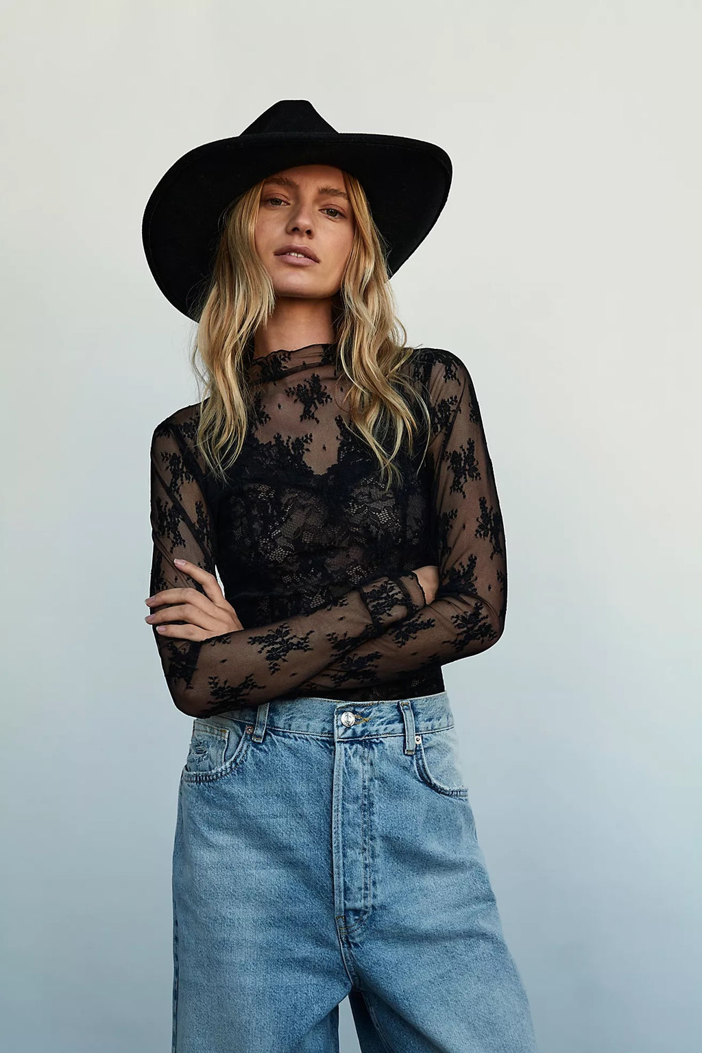 FREE PEOPLE Intimately Lady Lux Layering Top Floral Sheer Mesh Black Large