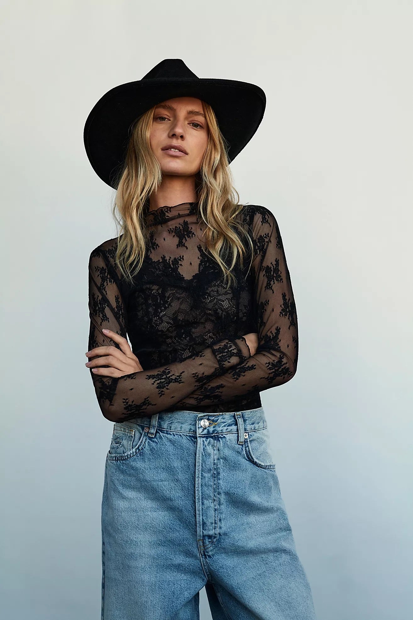 FREE PEOPLE Intimately Lady Lux Layering Top Floral Sheer Mesh Black Large