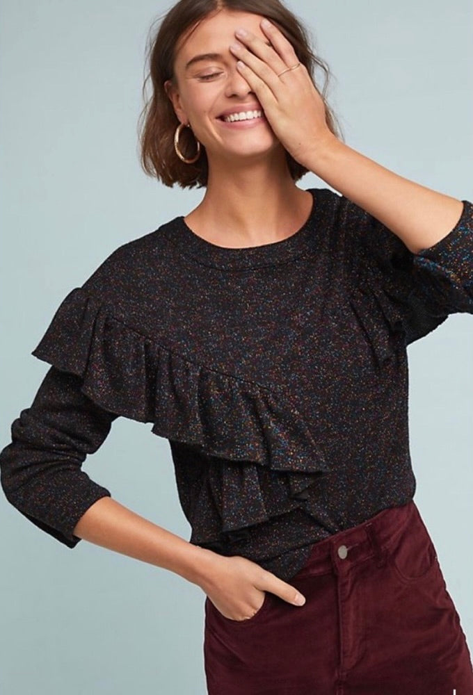 Anthropologie EVA FRANCO Francophile Sweater Ruffle Metallic Knit Pullover Small