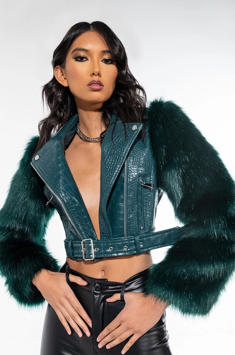 AZALEA WANG Nolla Faux Fur Arms Croc Moto Jacket Jade Green Vegan Leather Medium