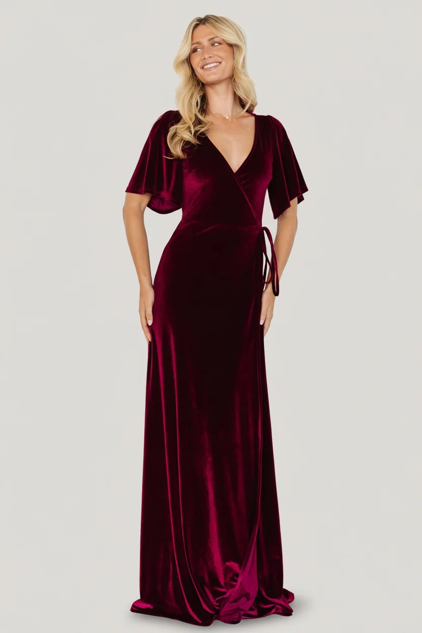 BALTIC BORN Meghan Velvet Wrap Maxi Dress Mulberry Purple Red Tie Waist X-Small
