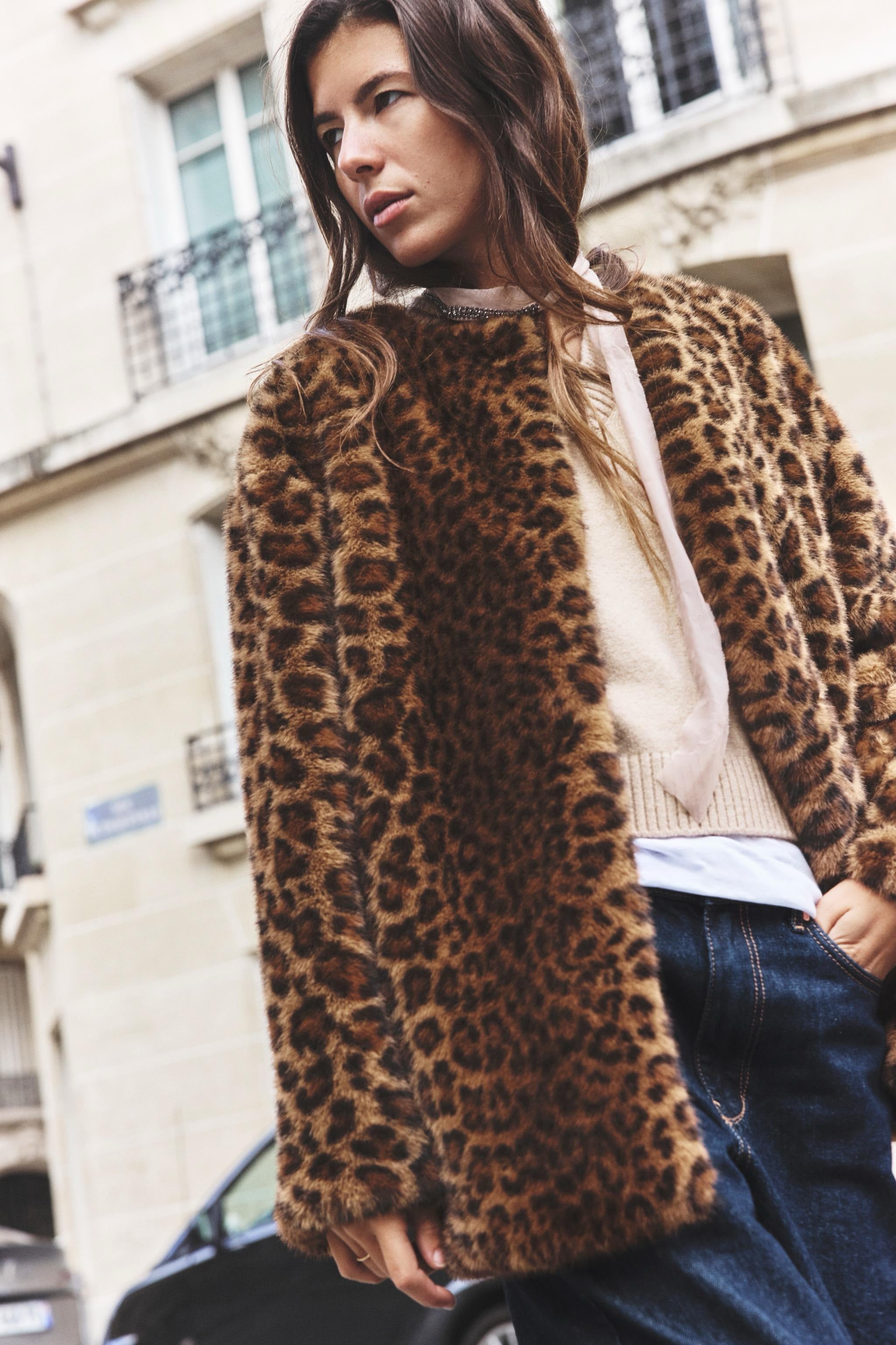 ZARA Leopard Animal Print Faux Fur Coat Jacket Medium Hook Front Lined Medium