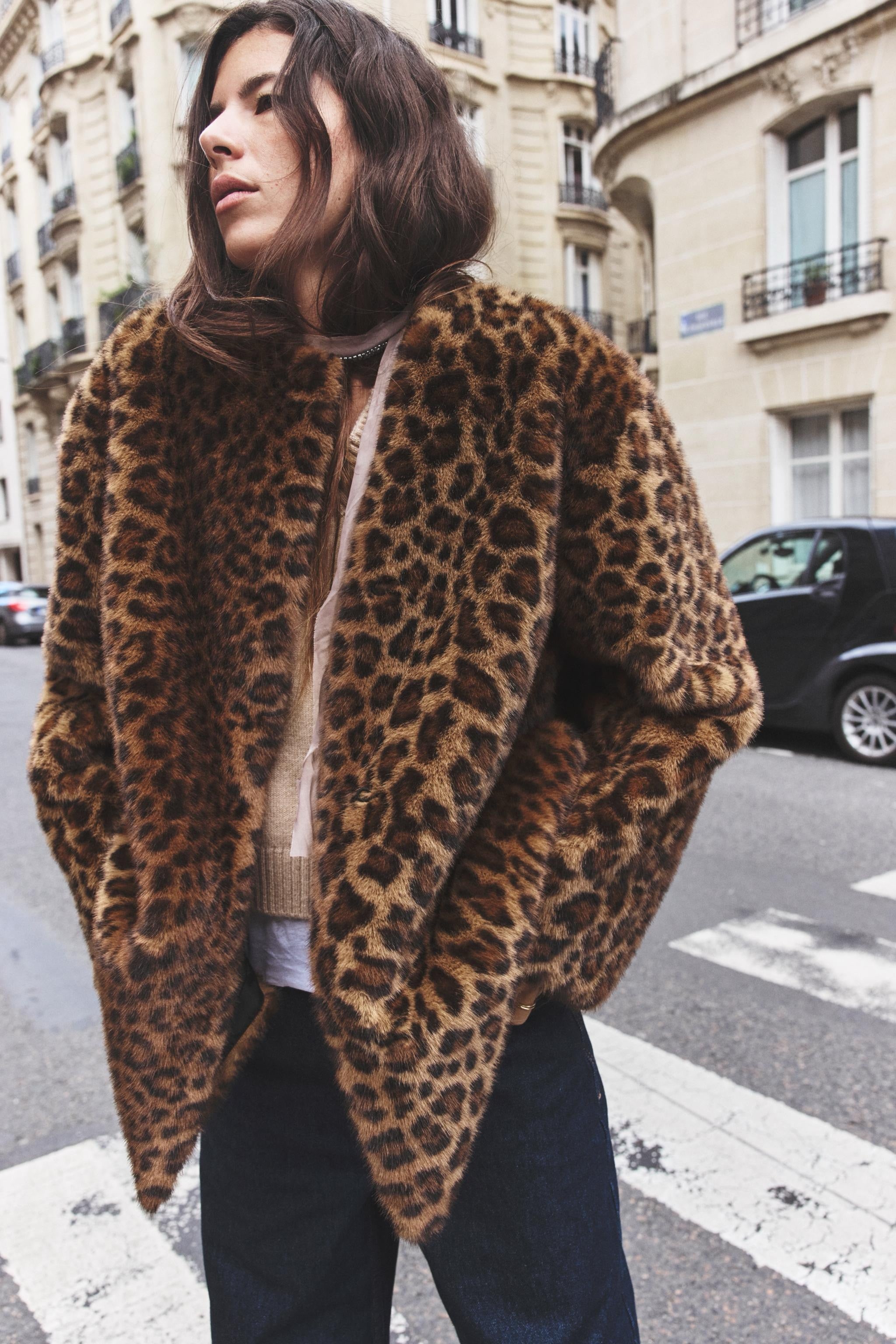 ZARA Leopard Animal Print Faux Fur Coat Jacket Medium Hook Front Lined Medium