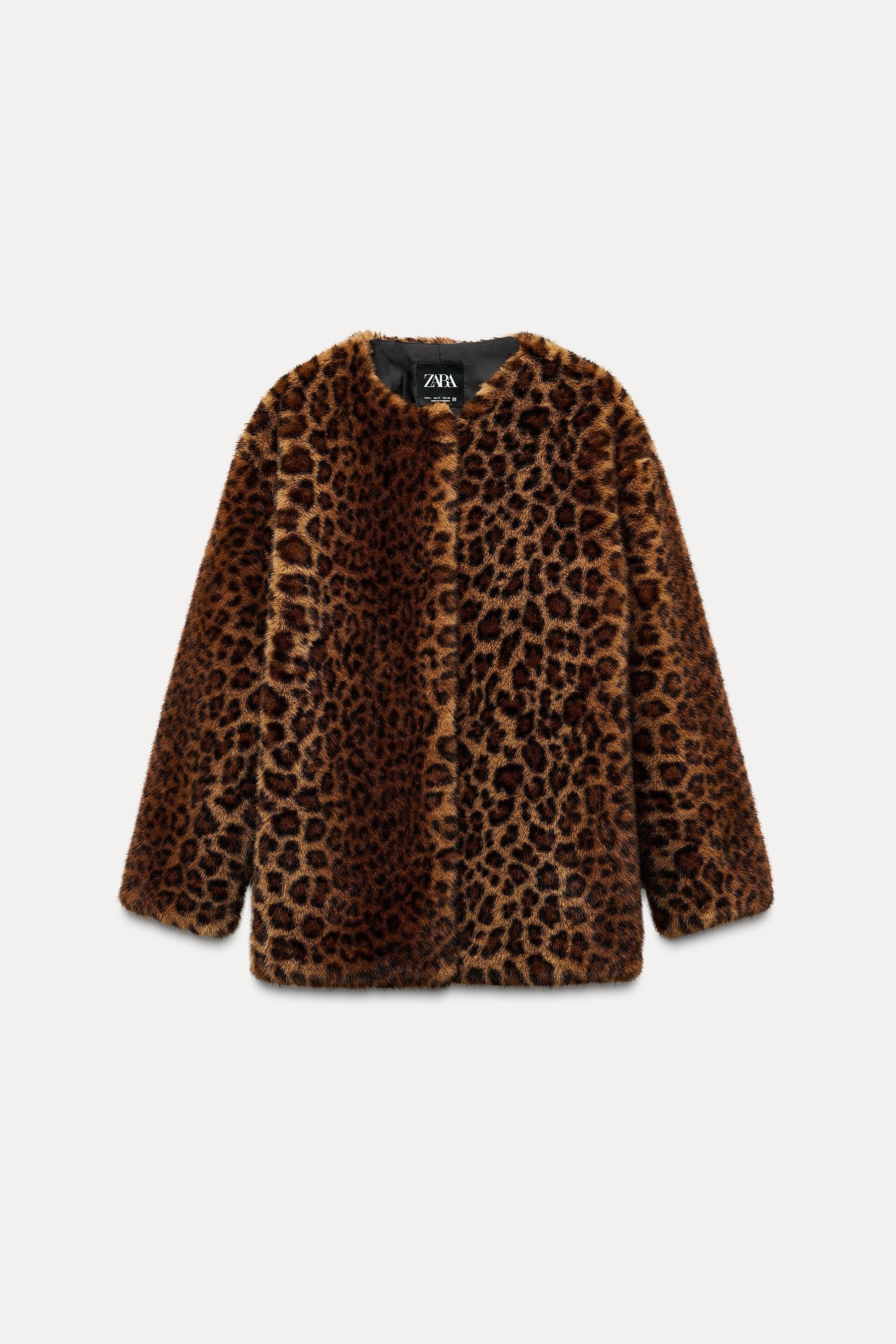 ZARA Leopard Animal Print Faux Fur Coat Jacket Medium Hook Front Lined Medium