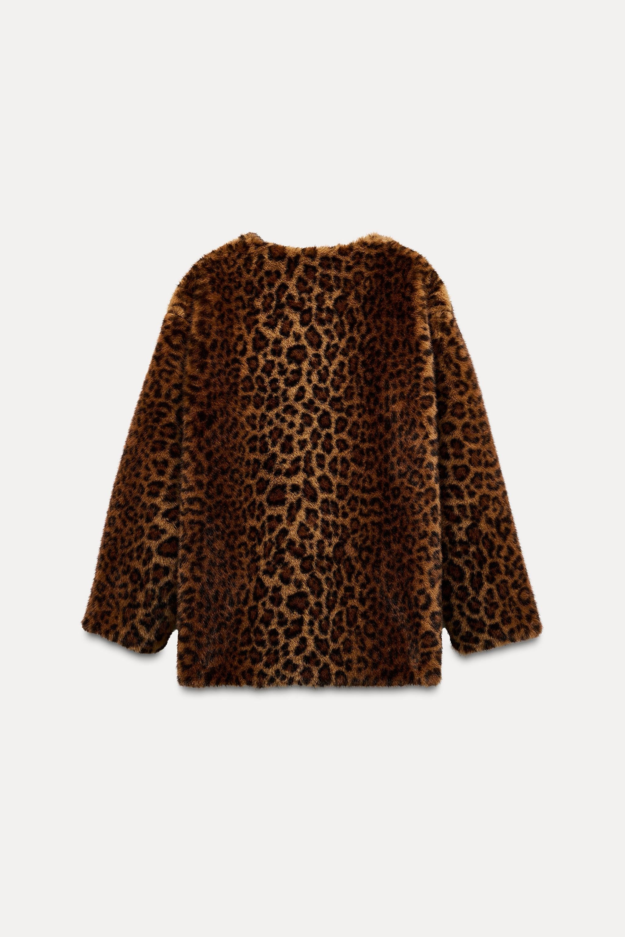 ZARA Leopard Animal Print Faux Fur Coat Jacket Medium Hook Front Lined Medium