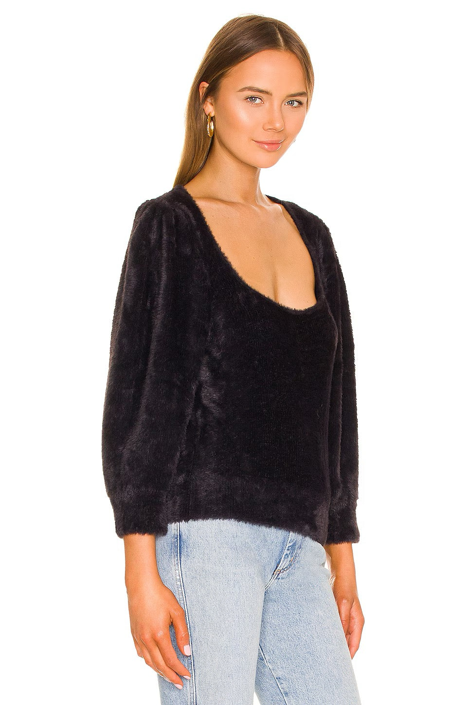 FREE PEOPLE Moonbeam Pullover Black Fuzzy Sweater 3/4 Sleeves Solid Scoop Small