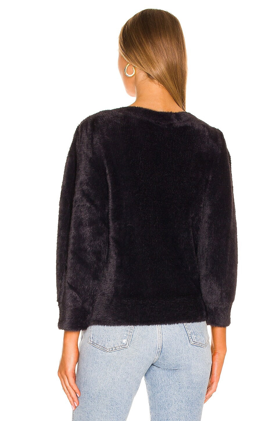 FREE PEOPLE Moonbeam Pullover Black Fuzzy Sweater 3/4 Sleeves Solid Scoop Small