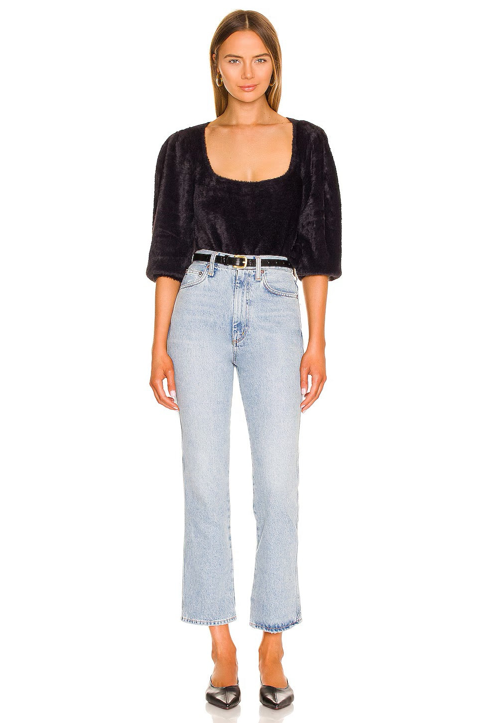 FREE PEOPLE Moonbeam Pullover Black Fuzzy Sweater 3/4 Sleeves Solid Scoop Small