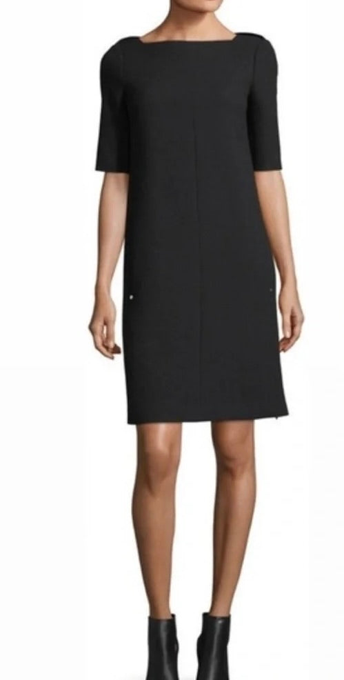 LAFAYETTE 148 New York Crya Lace Panel Dress Black Wool Solid Bateau Neck Size 8