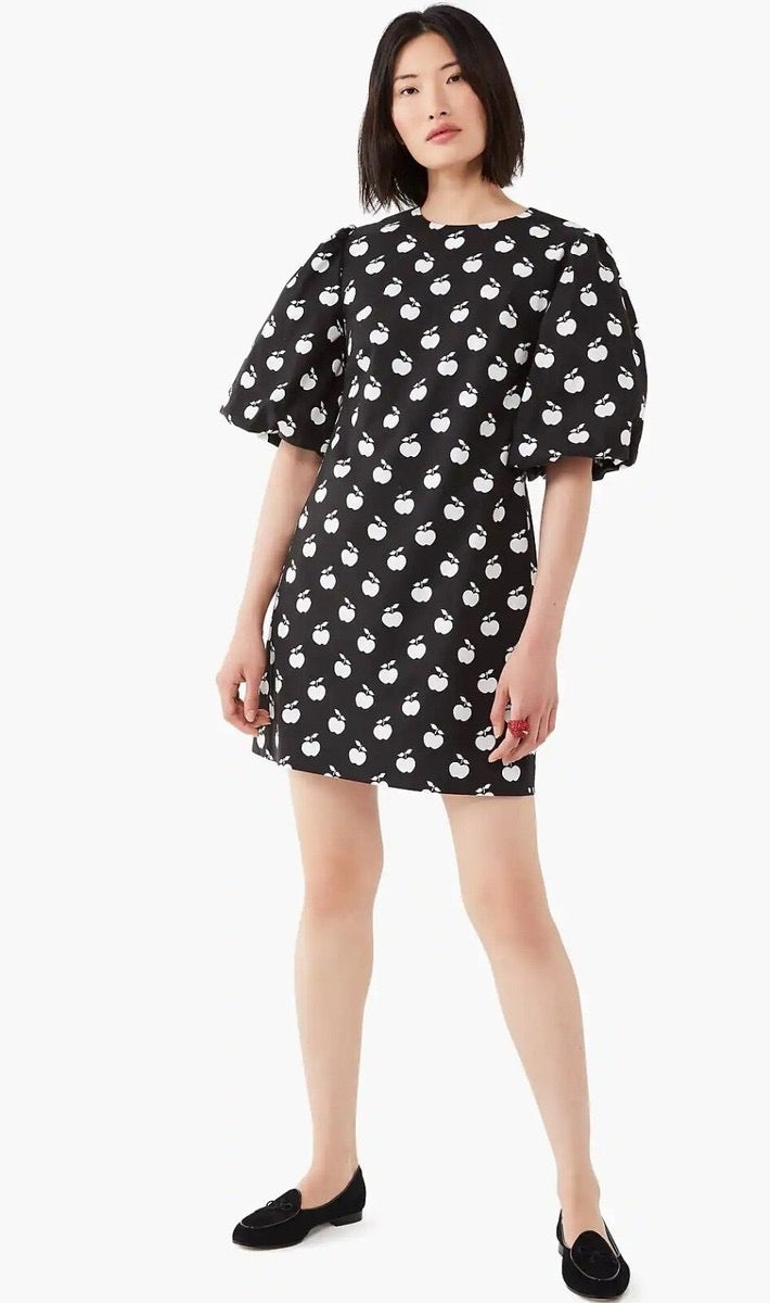 KATE SPADE New York Apple Toss Taxi Dress Puff Sleeve Lined Black White Size 8