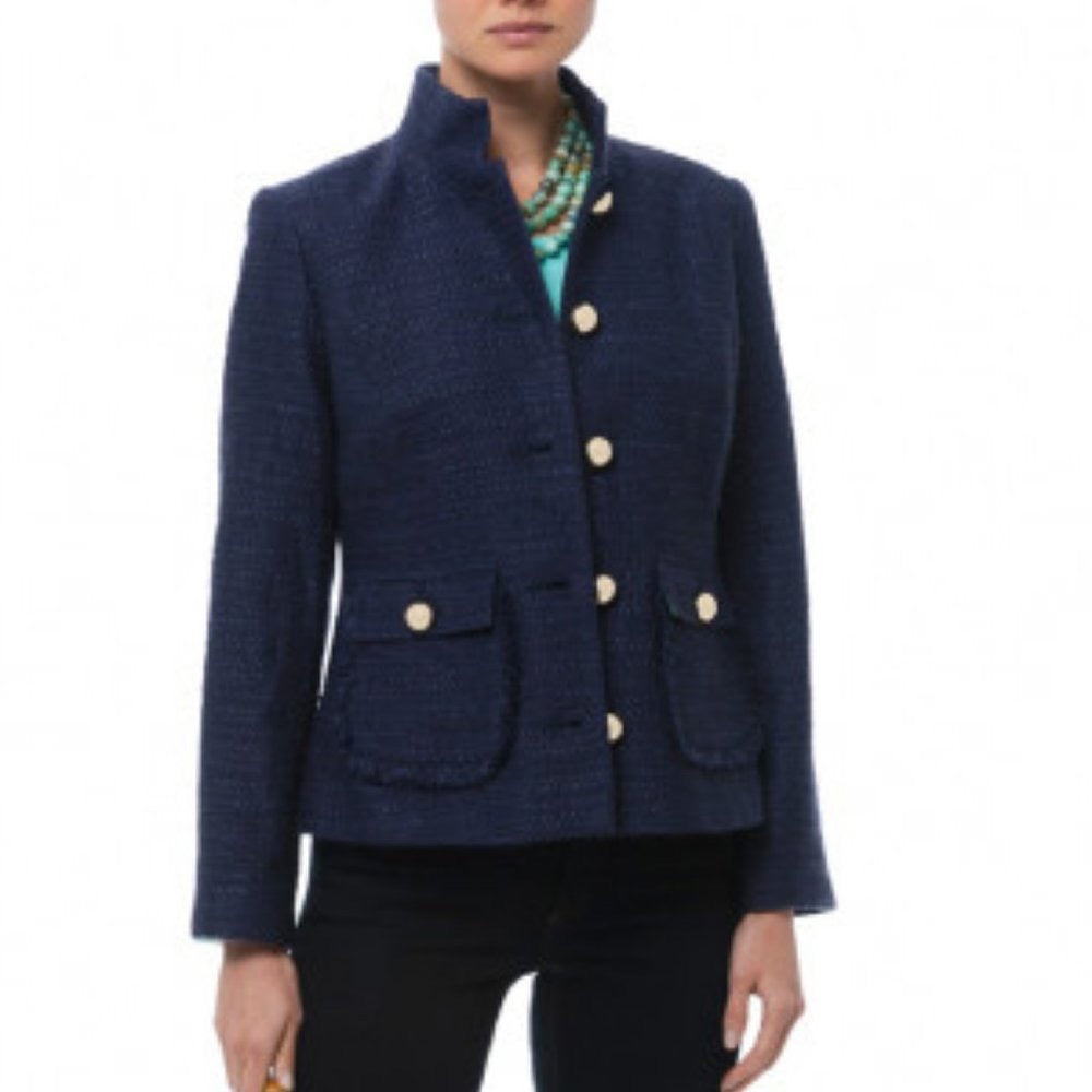 STS SAIL TO SABLE Navy Tweed Stand Collar Jacket Blazer Buttons Pockets Small