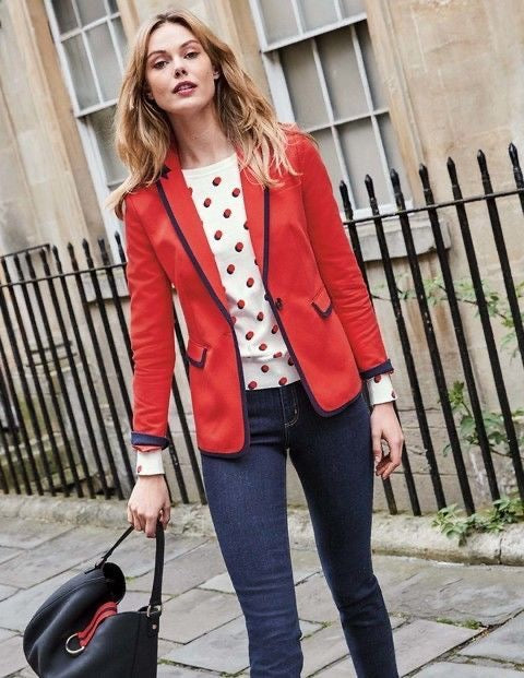 BODEN Picardy Blazer Red Tailored Jacket Polka Dot Lined Navy Blue White US 14