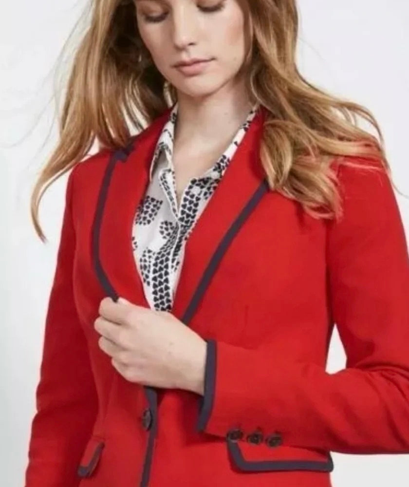 BODEN Picardy Blazer Red Tailored Jacket Polka Dot Lined Navy Blue White US 14