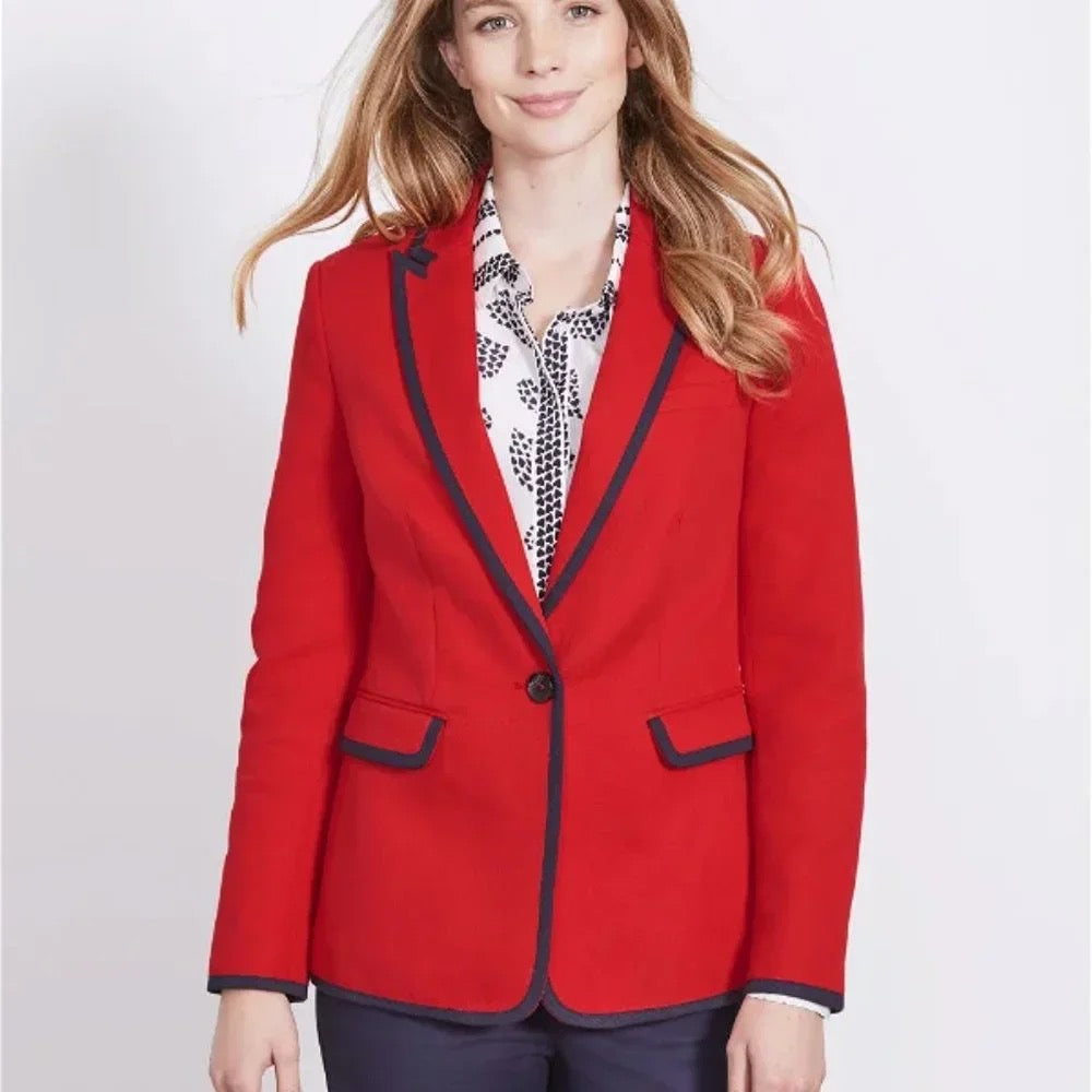 BODEN Picardy Blazer Red Tailored Jacket Polka Dot Lined Navy Blue White US 14
