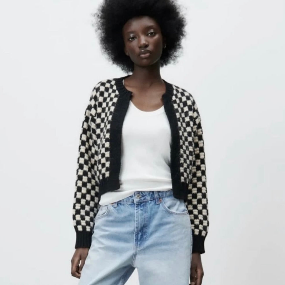 ZARA Cropped Checkerboard Cardigan Sweater Black Off White Knitwear Retro Small